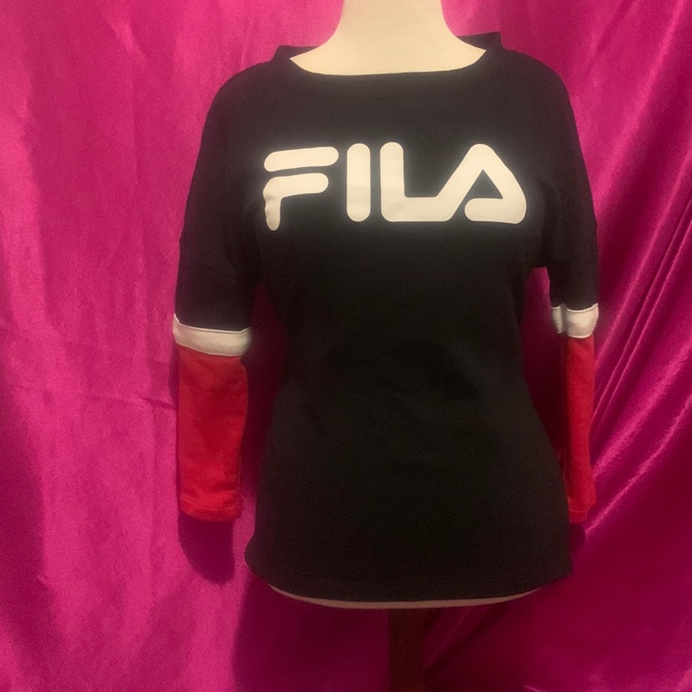 Fila black and red 3/4 sleeve sweater. Short but not crop, xs, like new.…